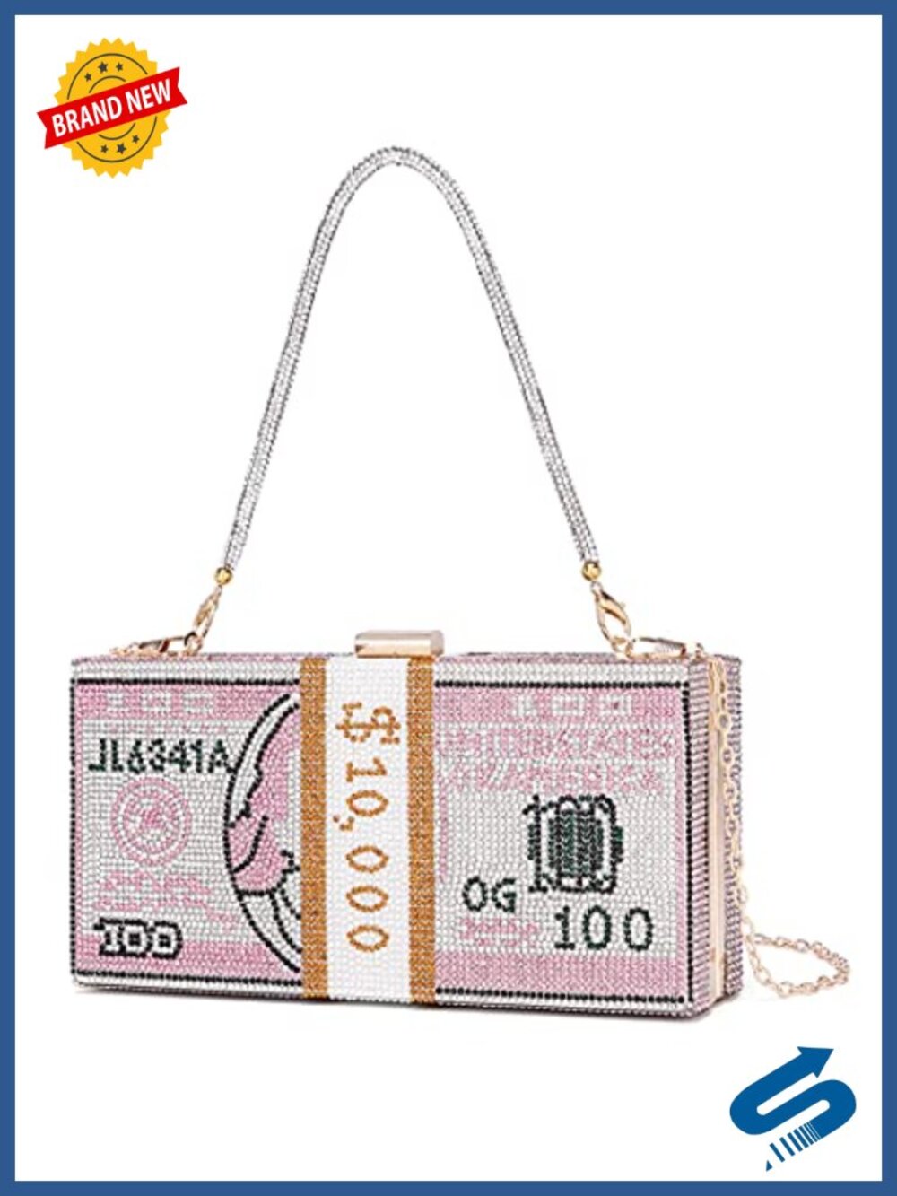 Rhinestone Evening Clutch PU Leather Dollar Money Bag Removable Chain